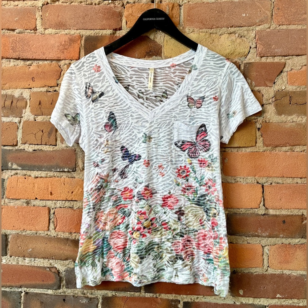 White V-Neck Short Sleeve Multi-Coloured Butterfly Tee.  Size: Small